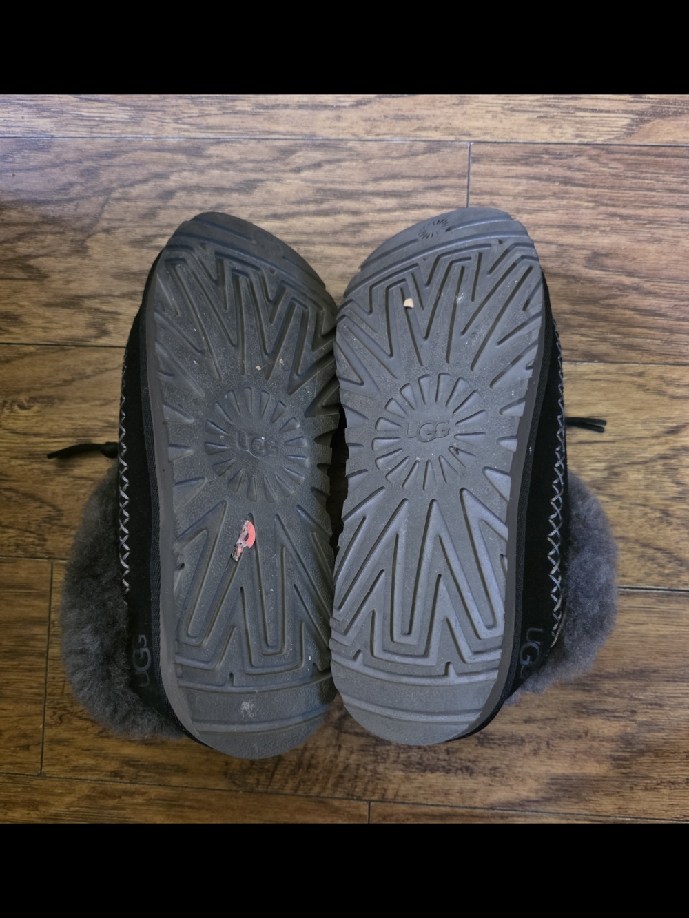 UGG Black Suede Moccasin Slippers with Gray Shearling Cuff - Picture 6 of 11
